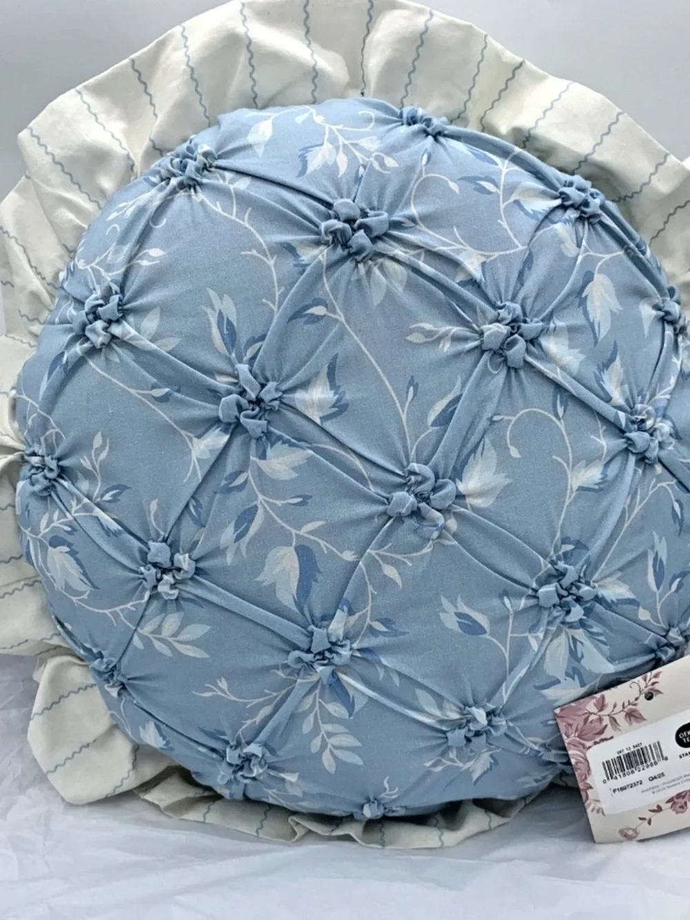 NWT Teen Home Blue Floral Tufted Ruffled Round French Country Pillow 15